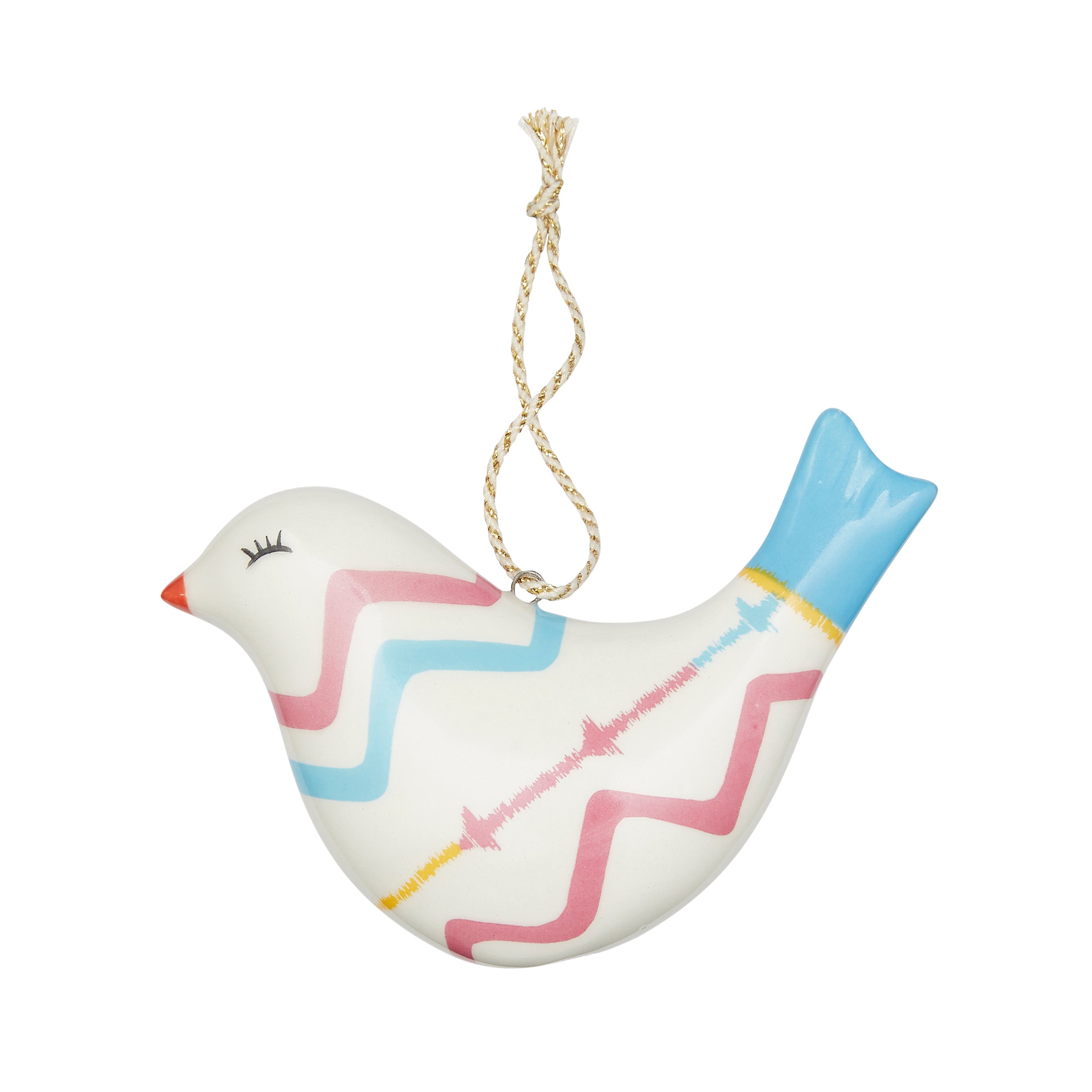 The whimsical Puffed Bird Rick Rack fine china Ornament from the Kit Kemp for Spode collection. The white bird features bold, hand-painted-style pink and blue rick rack lines across its body and a bright, glossy blue tail. This designer ornament is a perfect way to inject vibrant colour and playful style into your holiday decor.