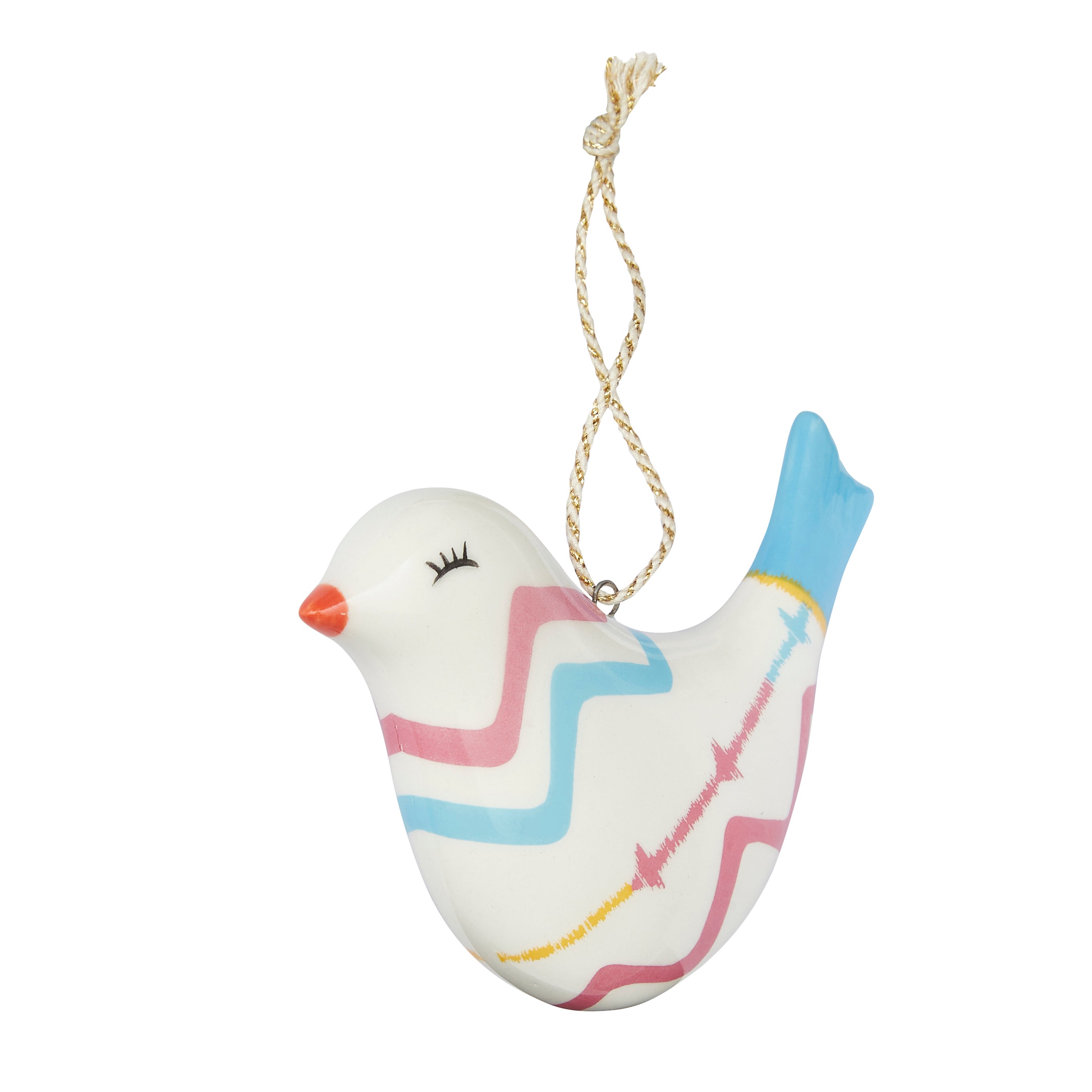 Kit Kemp for Spode fine china Puffed Bird Ornament with a signature Rick Rack pattern in pink and blue. This unique, stylish bird decoration features a vibrant blue tail and a whimsical design. A high-quality collectible piece that makes a delightful and memorable gift.