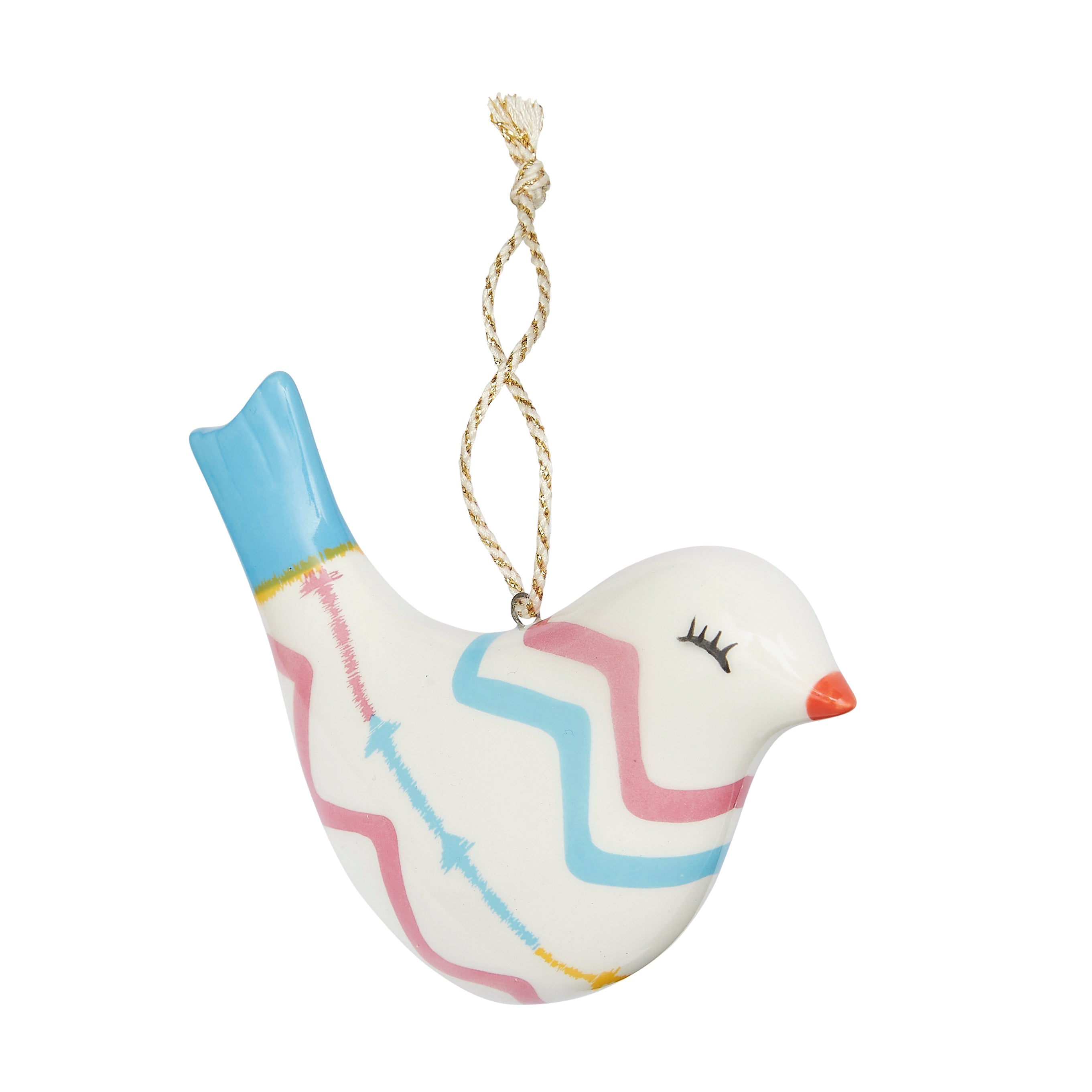 A unique Rick Rack Puffed Bird Ornament in fine china, part of the coveted Kit Kemp for Spode collection. The modern zigzag pattern in pink and blue on the bird's body creates a stylish, contemporary look. This playful, artistic decoration is perfect for collectors seeking a touch of designer whimsy for their Christmas tree.
