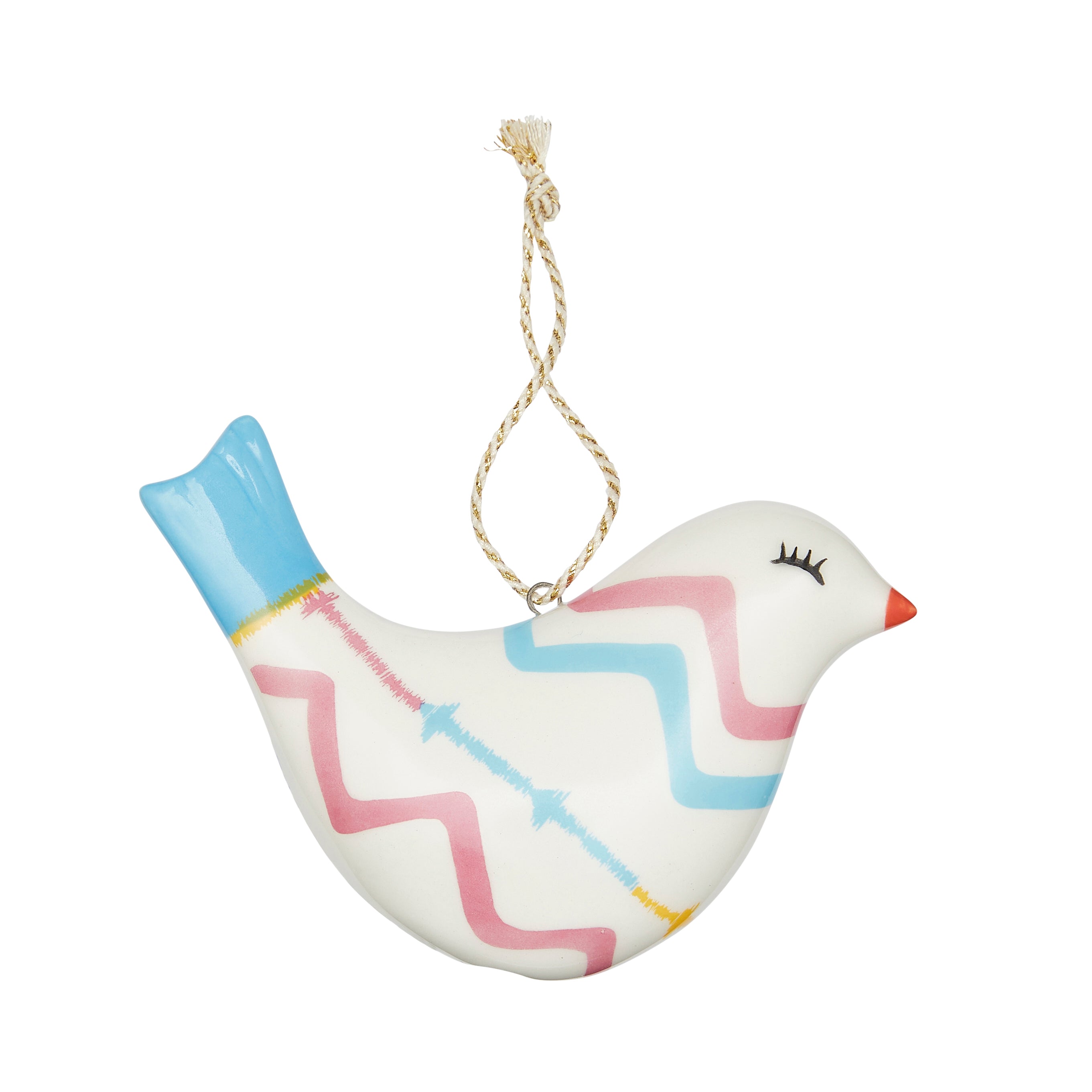 Puffed Bird Rick Rack Ornament by Kit Kemp for Spode. This fine china piece showcases a graphic, colourful rick rack design in blue and pink, set against a white body, with a vibrant blue tail. Its unique, eye-catching pattern makes it a standout decoration and an ideal gift for fans of the designer's eclectic style.