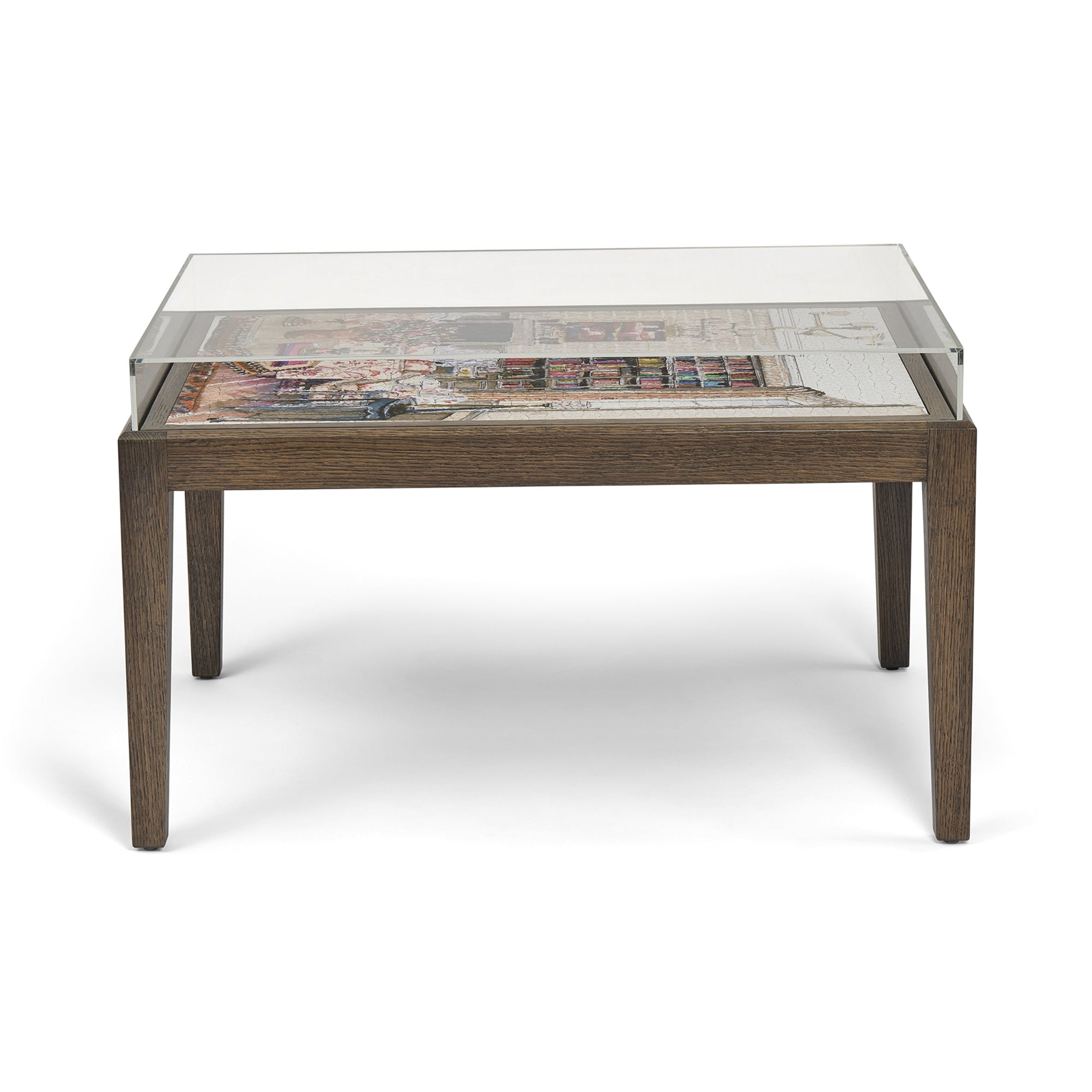 Glass-top coffee table with wooden frame on a white background