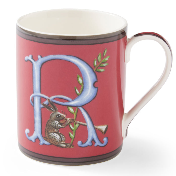 The blue R on this red mug forms an ideal resting point for our, trumpet carrying hare to herald the morning's news, and appears on both sides of the mug.