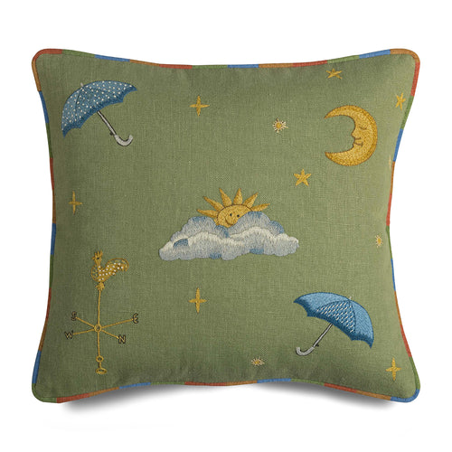 The Weekend collection green cushion with embroidered sun, moon, clouds, and umbrellas. Exclusively at Shop Kit Kemp.