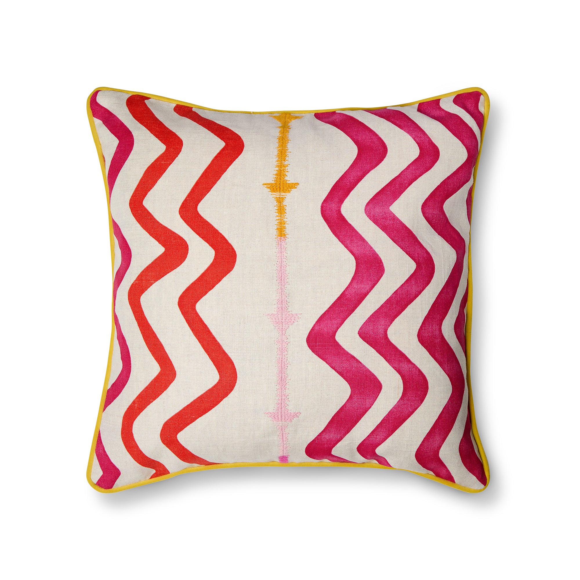 Cushion made with Rick Rack Fabric - large pink wavy lines with yellow piping