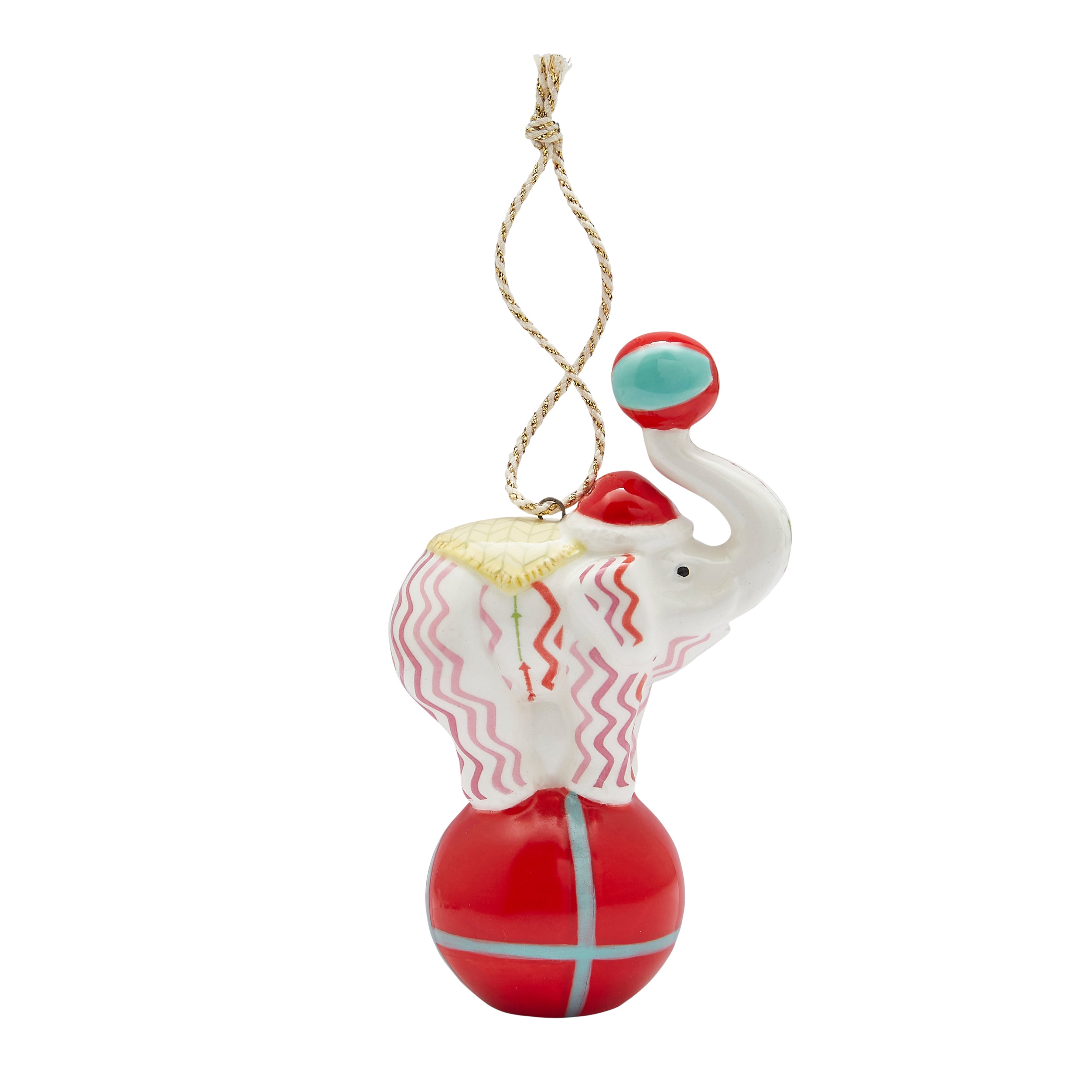 Rik Rak Elephant Ornament by Kit Kemp for Spode. This fine china ornament makes a bold decorative statement with its glossy red base and the elephant's white body featuring the vibrant pink and red zigzag pattern. Its unique design and rich colours make it a standout piece, perfect for bringing the designer's eclectic flair to your festive home.