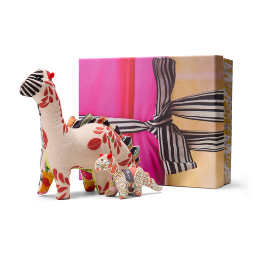 Dinosaurs patchwork animals by Shop Kit Kemp, presented in a decorated gift box, perfect for collectors and dinosaur fans.