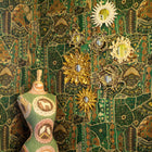 Kits Bay room interior with Robina's Dinner Party Green Mannequin showcased with Front Row Jewel fabric wallcoverings.