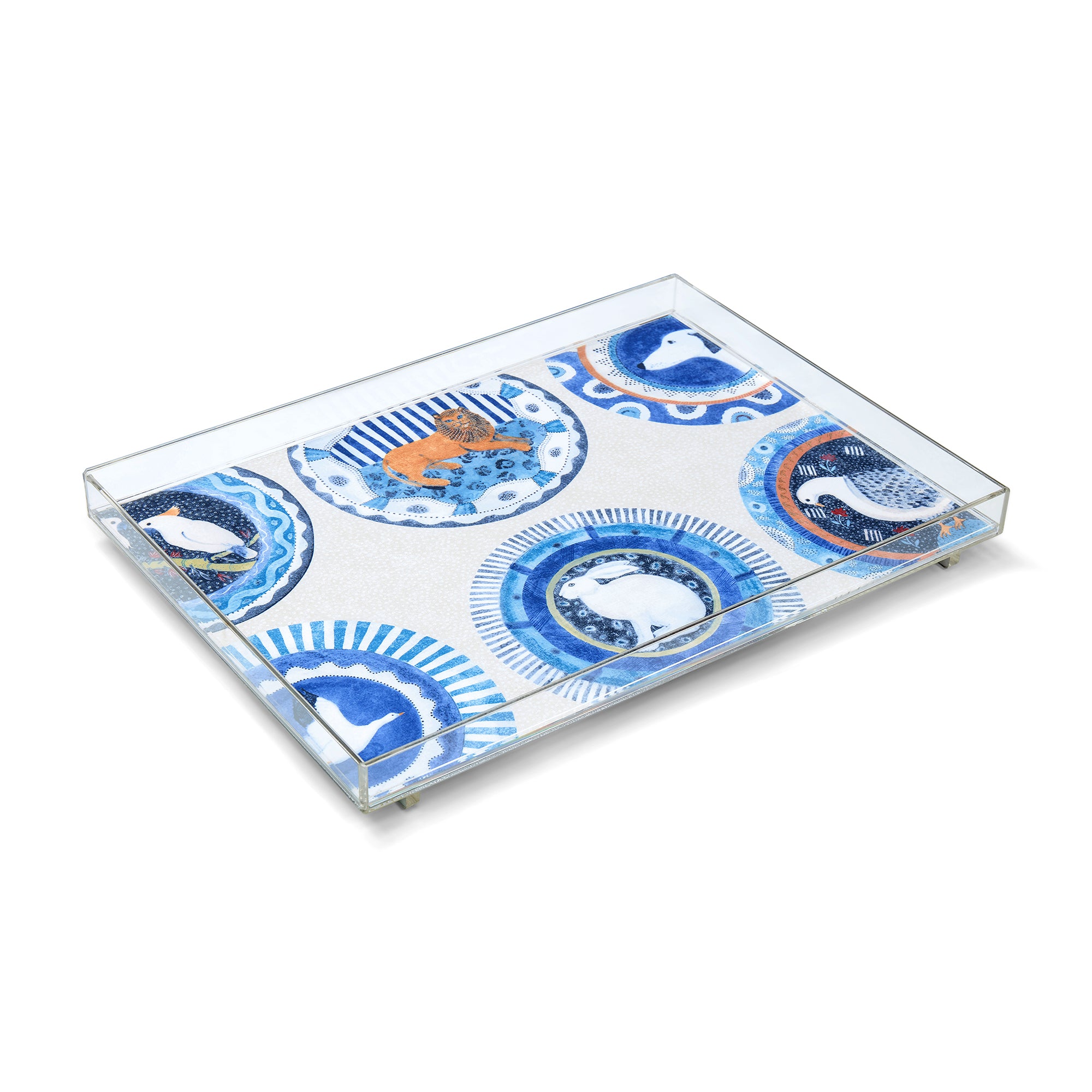 An exclusive Kit Kemp acrylic tray featuring the "Robina’s Dinner Party" illustration in vibrant blue. Designed for versatility, this practical and stackable piece serves as a stylish addition to a dining table or ottoman. Proudly made in the UK, it utilises high-quality materials to ensure durability while adding a playful, designer character to any interior setting.