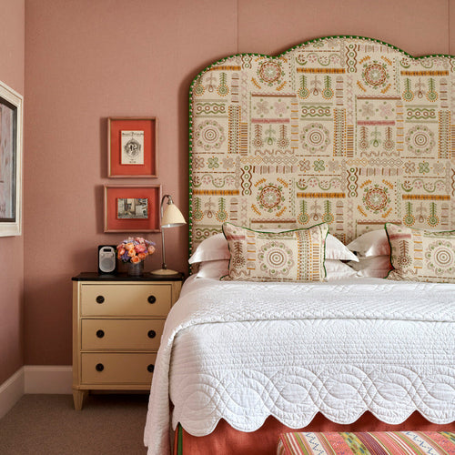 Haymarket Hotel bedroom with Ruby Headboard featuring Kit Kemp's Embroidery Fabric.