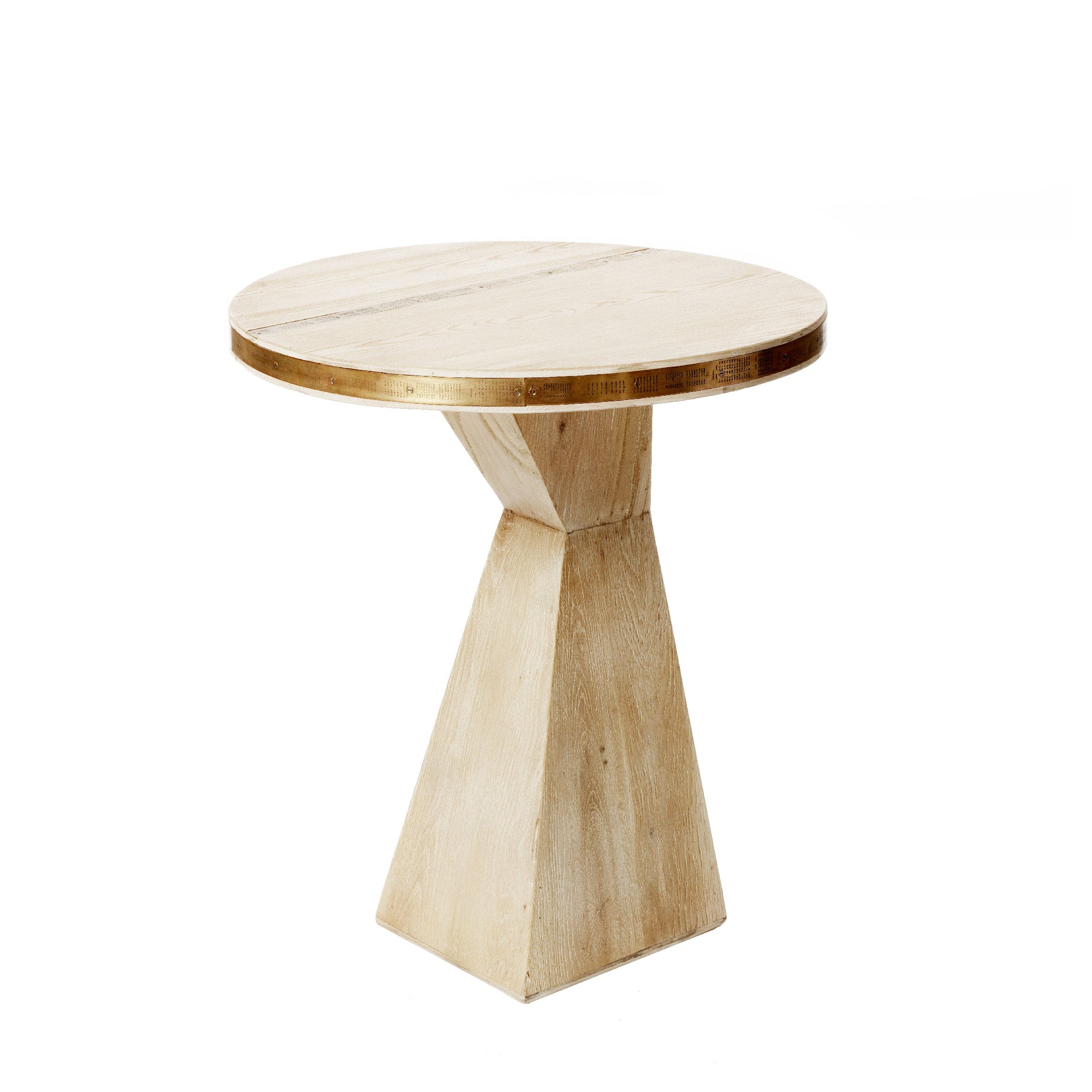 A small circular side table with a brass trim and a natural wood finish, handcrafted from solid oak.