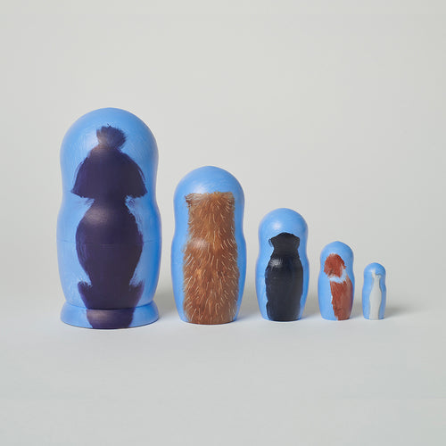 Russian Dolls five dog breeds by Holly Frean contains five figurines, oil on wood