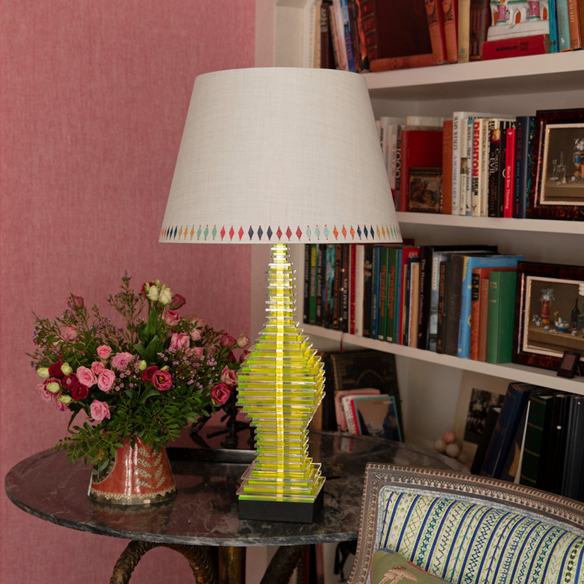 Linen lampshade with diamond pattern block printed design exclusively for Shop Kit Kemp