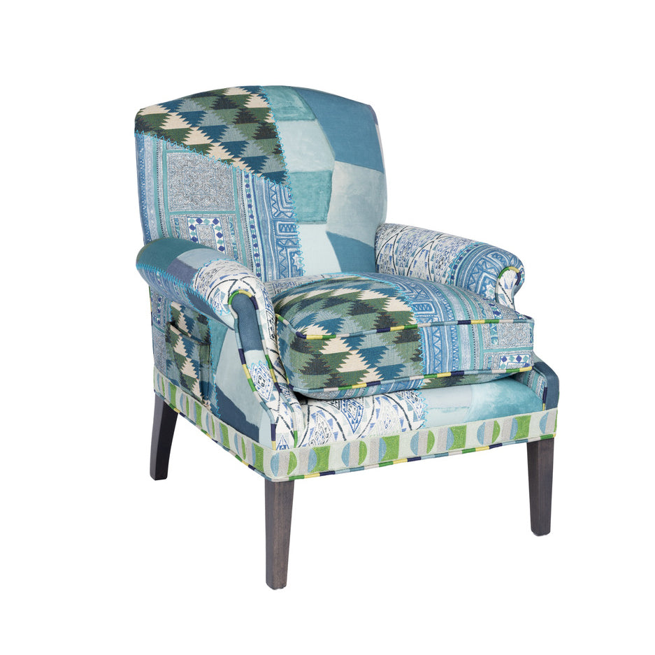 Kit Kemp and Christopher Farr collaboration is a one-off armchair with an exclusive fabric design of blues and greens
