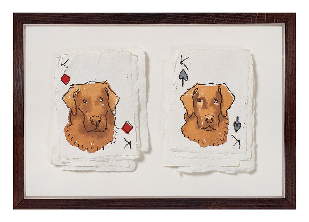 A whimsical and characterful Golden Retrievers artwork from the Kit Kemp 250th USA Anniversary collection, perfect for dog lovers and art collectors.