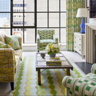 Green tones interior grounded with Safety Net Green Rug by Kit Kemp design for Firmdale hotels
