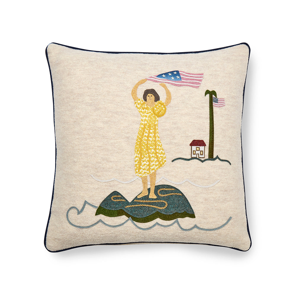 Front view of the 50cm x 50cm / 20 x 20 inches, Sailor's Farewell Edition 1 cushion, featuring hand-stitched appliqué on 100% oatmeal Chamonix wool.