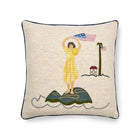 Front view of the 50cm x 50cm / 20 x 20 inches, Sailor's Farewell Edition 1 cushion, featuring hand-stitched appliqué on 100% oatmeal Chamonix wool.
