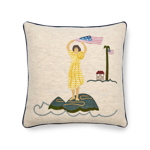 Front view of the 50cm x 50cm / 20 x 20 inches, Sailor's Farewell Edition 1 cushion, featuring hand-stitched appliqué on 100% oatmeal Chamonix wool.
