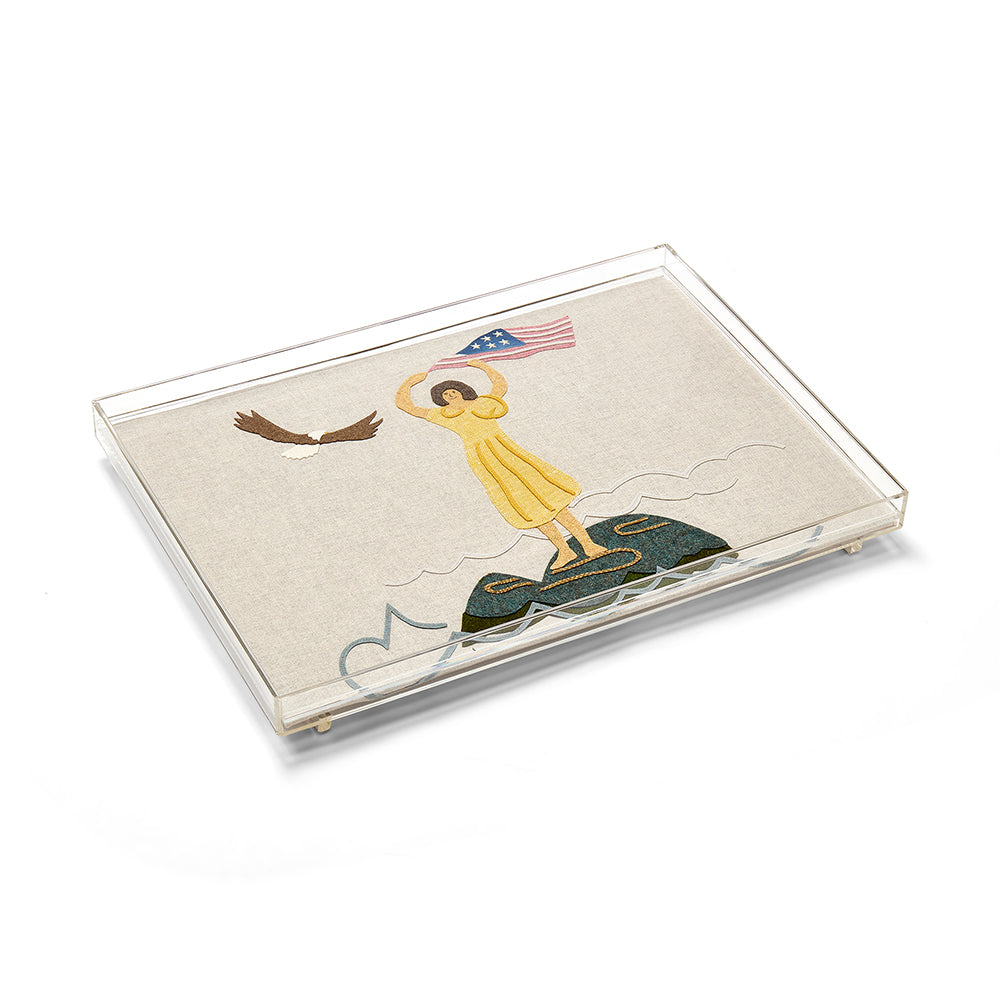An acrylic display tray, 54cm x 39cm (approximately 21 x 15 inches), featuring a hand-stitched appliqué panel of the Sailor's Farewell design on oatmeal fabric.