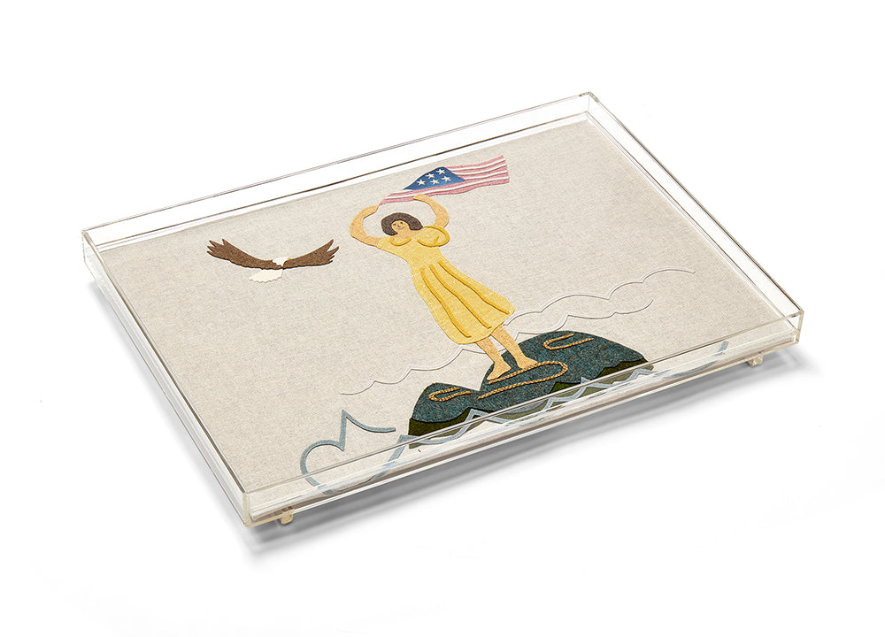An acrylic display tray, 54cm x 39cm (approximately 21 x 15 inches), featuring a hand-stitched appliqué panel of the Sailor's Farewell design on oatmeal fabric.