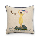 Front view of the 50cm x 50cm / 20 x 20 inches, Sailor's Farewell Edition 2 cushion, featuring woman with American flag and eagle, hand-stitched appliqué on 100% oatmeal Chamonix wool.