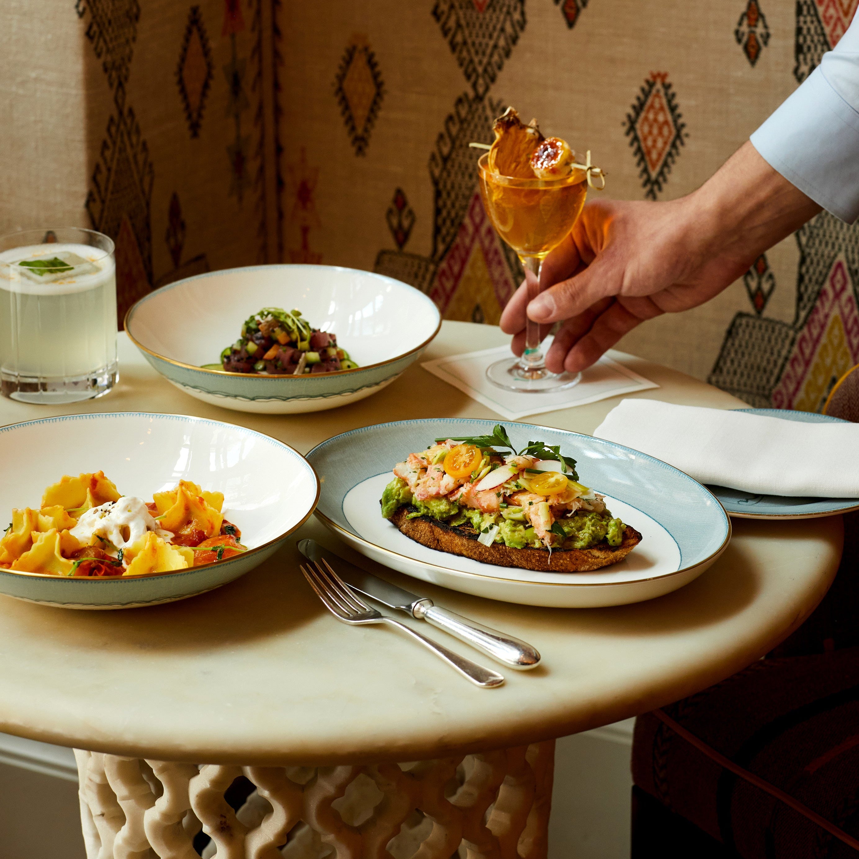 Sailor's Farewell pasta bowls, oval plate and platters, side plates, a perfect presentation for seasonal dishes. Exclusively at Shop Kit Kemp, and as seen at Firmdale hotels.