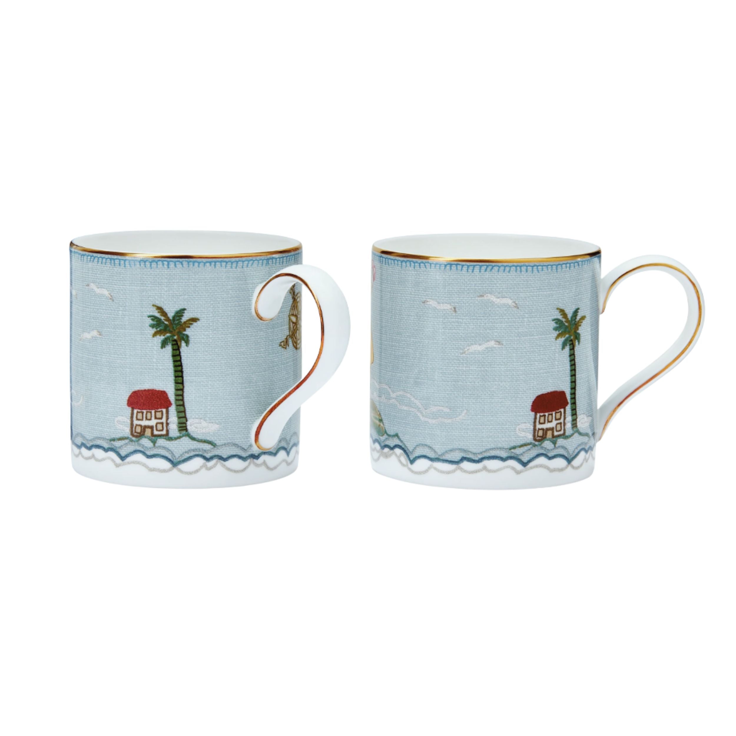 A set of two fine bone china mugs with hand-painted 24-carat gold details, featuring a design of a sailor's farewell, including a sailor, and maritime motifs by Kit Kemp.