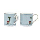 A set of two fine bone china mugs with hand-painted 24-carat gold details, featuring a design of a sailor's farewell, including a sailor, and maritime motifs by Kit Kemp.