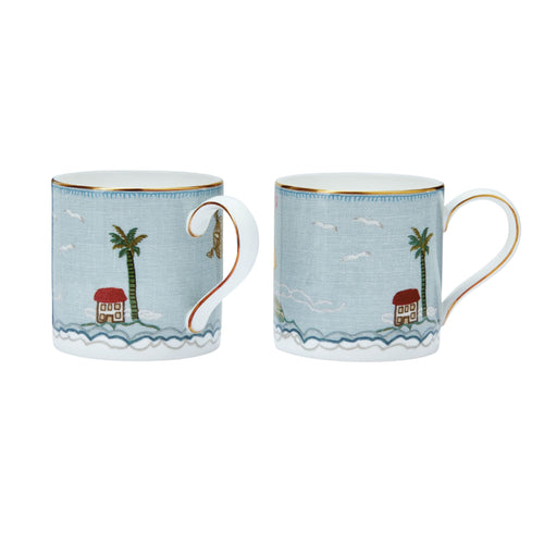 A set of two fine bone china mugs with hand-painted 24-carat gold details, featuring a design of a sailor's farewell, including a sailor, and maritime motifs by Kit Kemp.