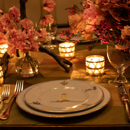 Table presentation with Sailor's Farewell dining plates, combined with Soho glasses, and PIT-A-PAT Table. Exclusively at Shop Kit Kemp, and seen at Firmdale hotels.