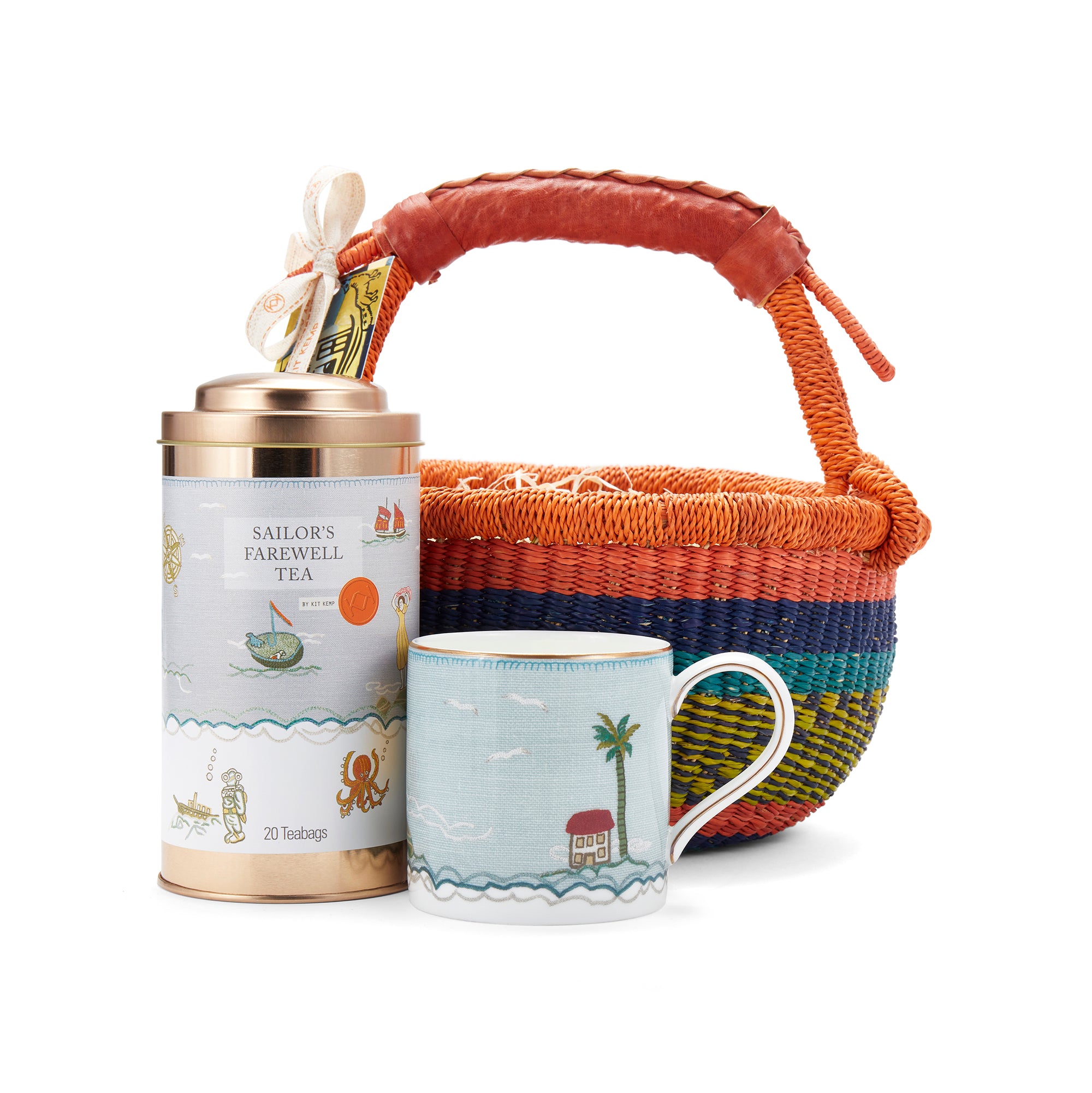 Sailor's Farewell Tea gift basket containing a Sailor's Farewell mug and a tea tin presented in a woven basket, it makes a perfect gift for any  Sailor's Farewell and tea fan. 