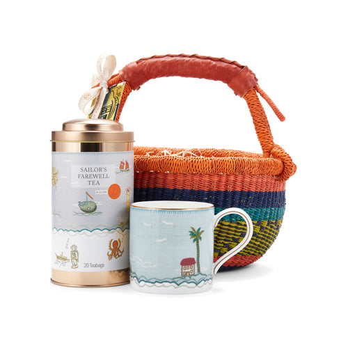 Sailor's Farewell Tea gift basket containing a Sailor's Farewell mug and a tea tin presented in a woven basket, it makes a perfect gift for any  Sailor's Farewell and tea fan. 