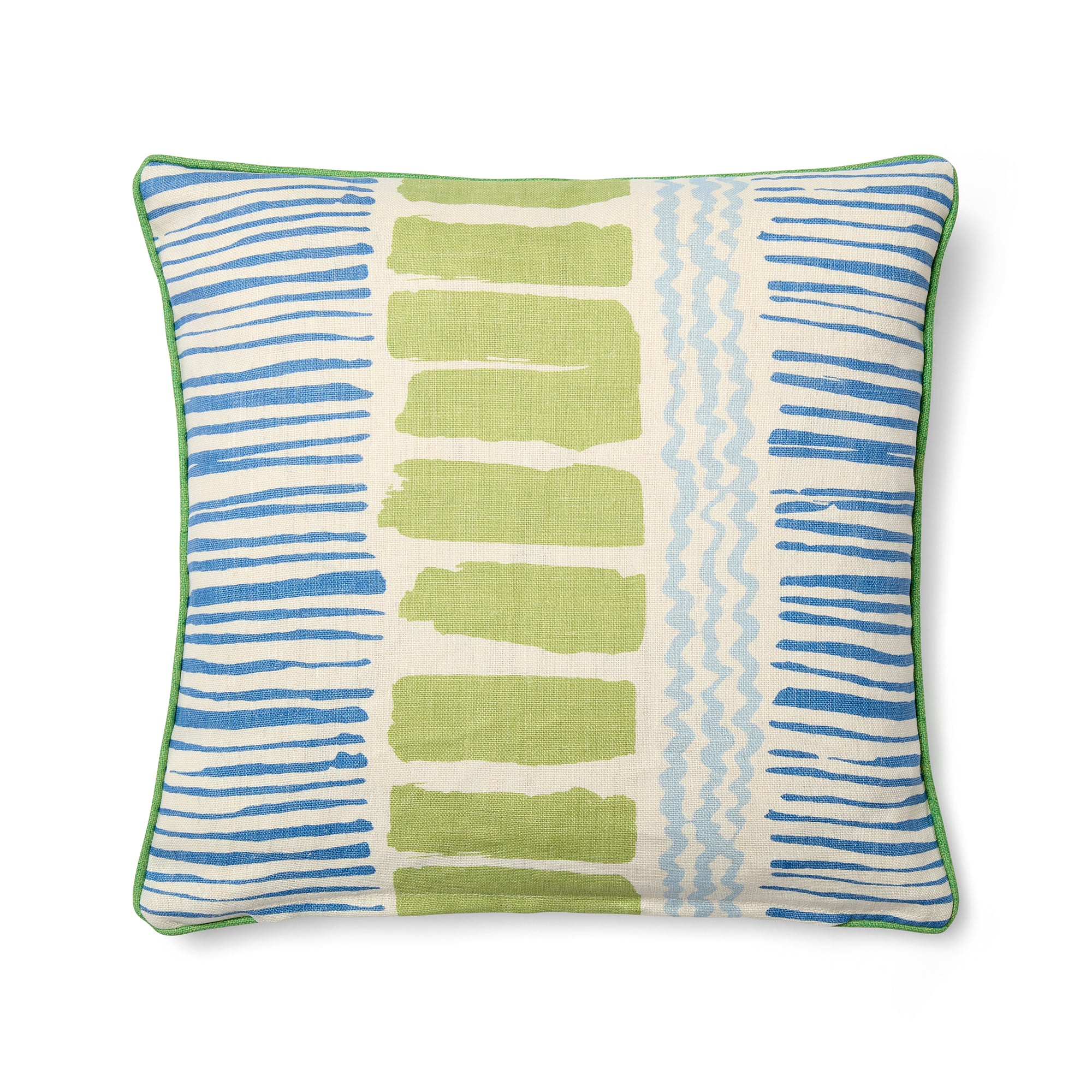Shop Kit Kemp cushion featuring the "Saltaire" fabric by Blithfield & Company. The coastal design consists of hand-painted style stripes in indigo blue and lime green on an off-white background with bright green piped edges.