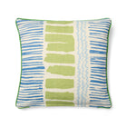 Shop Kit Kemp cushion featuring the "Saltaire" fabric by Blithfield & Company. The coastal design consists of hand-painted style stripes in indigo blue and lime green on an off-white background with bright green piped edges.