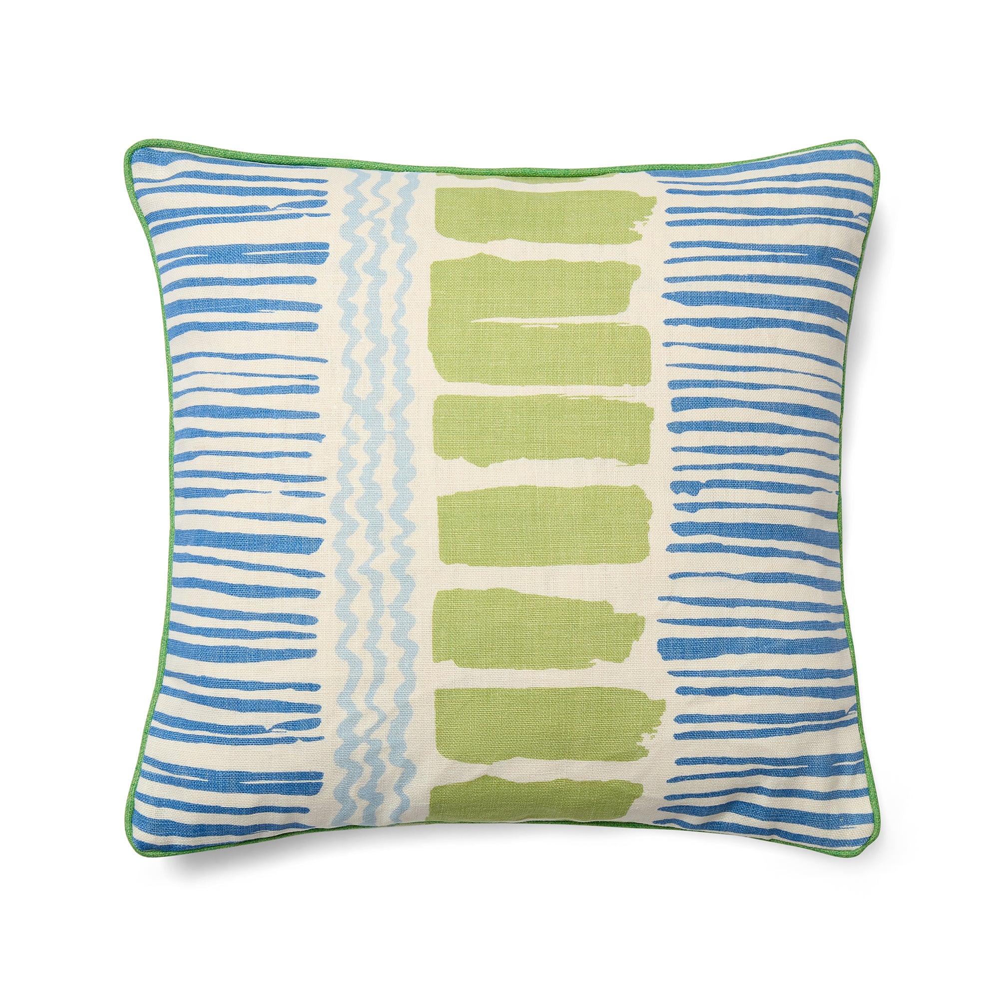 Sustainable cushion made in the UK from repurposed linen fabric. The front displays a vertical triptych of painterly patterns: blue horizontal wiggles on the left and right, and bold lime green blocks in the centre. The cushion is finished with a vibrant lime green cord trim.
