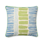 Sustainable cushion made in the UK from repurposed linen fabric. The front displays a vertical triptych of painterly patterns: blue horizontal wiggles on the left and right, and bold lime green blocks in the centre. The cushion is finished with a vibrant lime green cord trim.