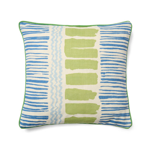 Sustainable cushion made in the UK from repurposed linen fabric. The front displays a vertical triptych of painterly patterns: blue horizontal wiggles on the left and right, and bold lime green blocks in the centre. The cushion is finished with a vibrant lime green cord trim.