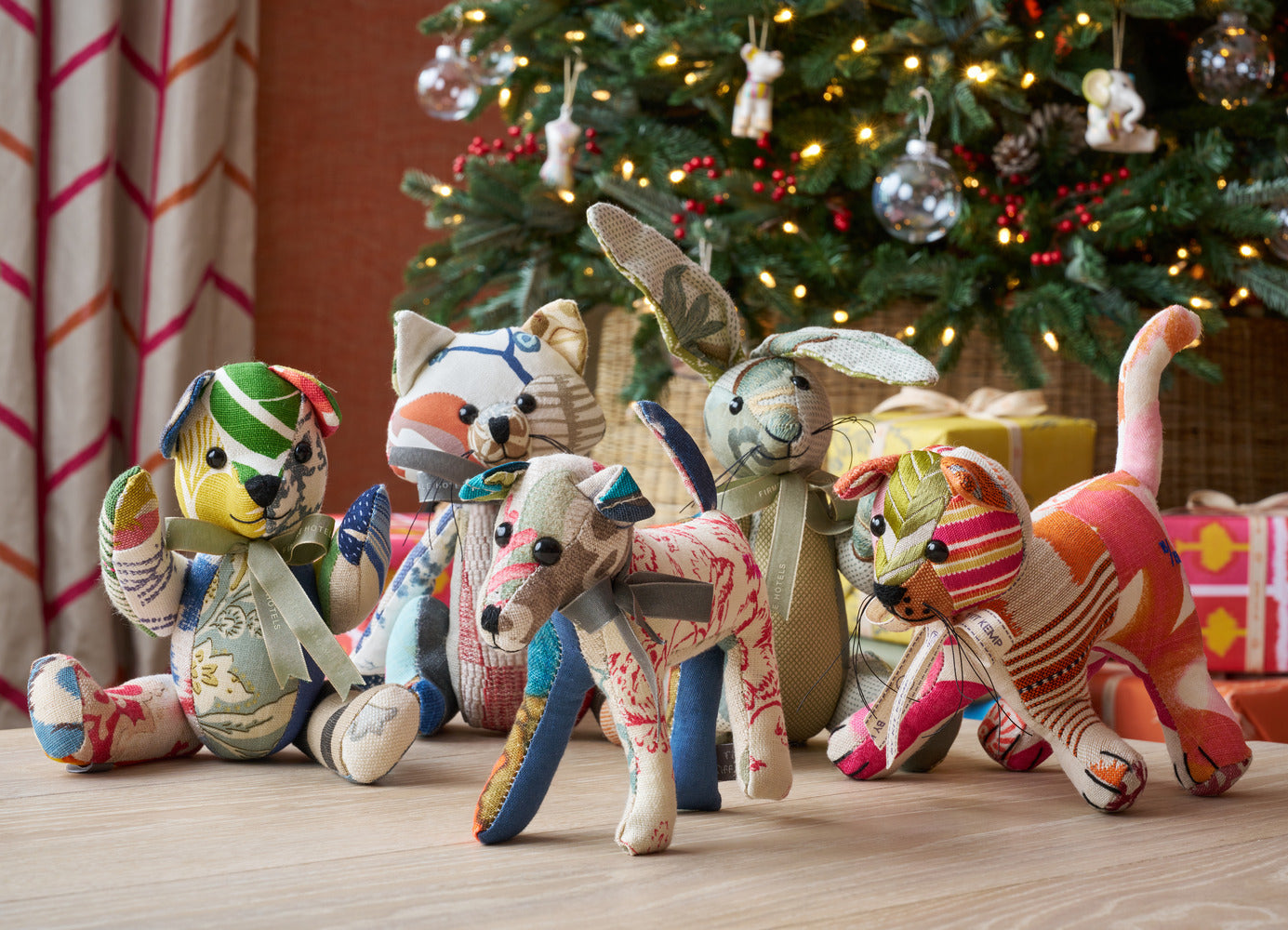 Kit Kemp patchwork toys handmade in England, and each teddy, cat, dog, rabbit and wild animal, are unique with fabrics selected from Shop Kit Kemp collections.