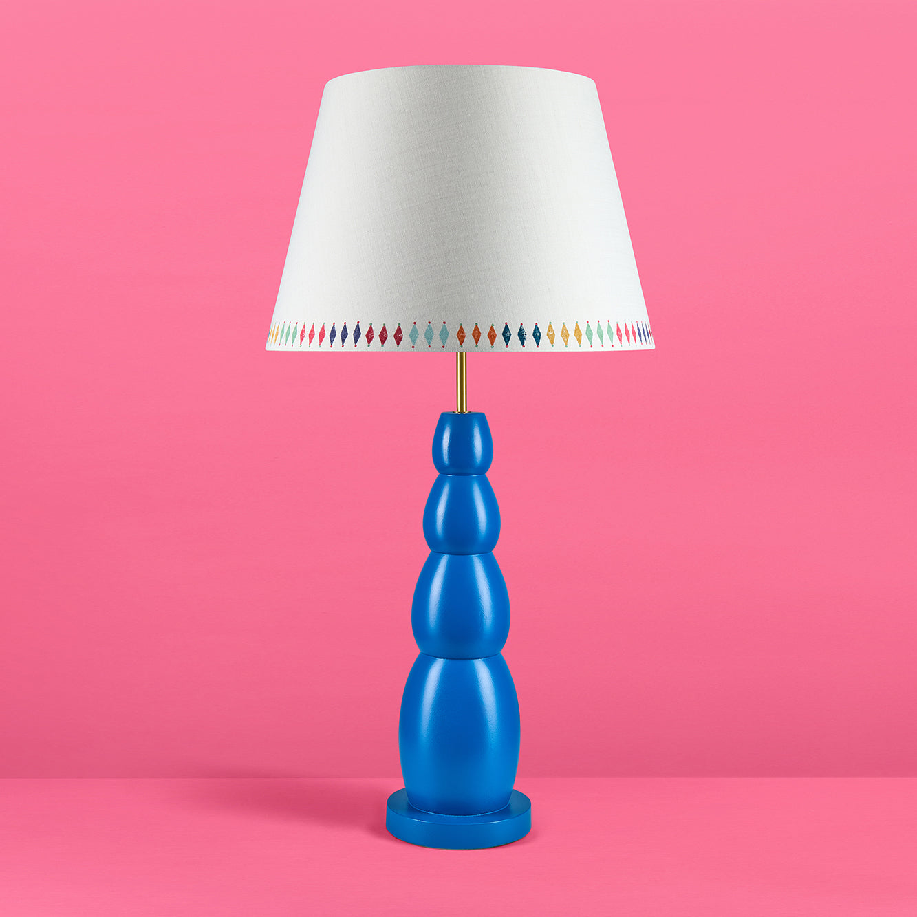 Kit Kemp and Studio Zef collaboration lampshade in Diamond style on blue bobbin lamp 