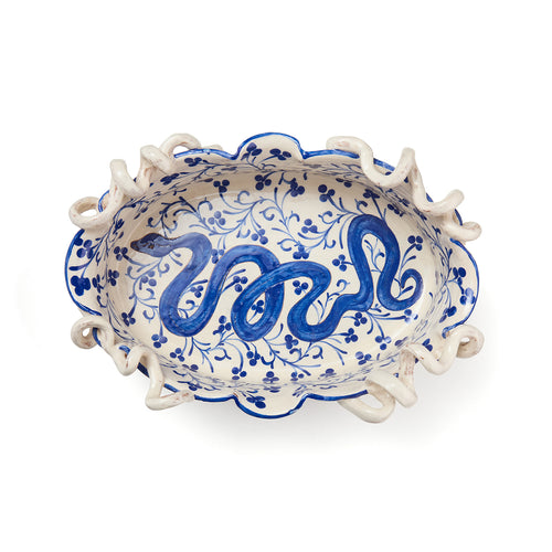 Decorative oval vessel with white and Dutch blue glazing, created by Katrin Moye ceramicist 