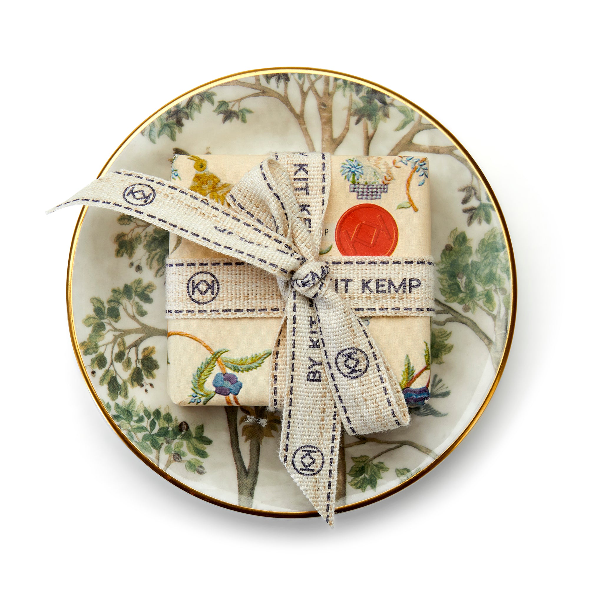 A set of Shop Kit Kemp soap and a dish,  packaged with a ribbon and ready for gifting.