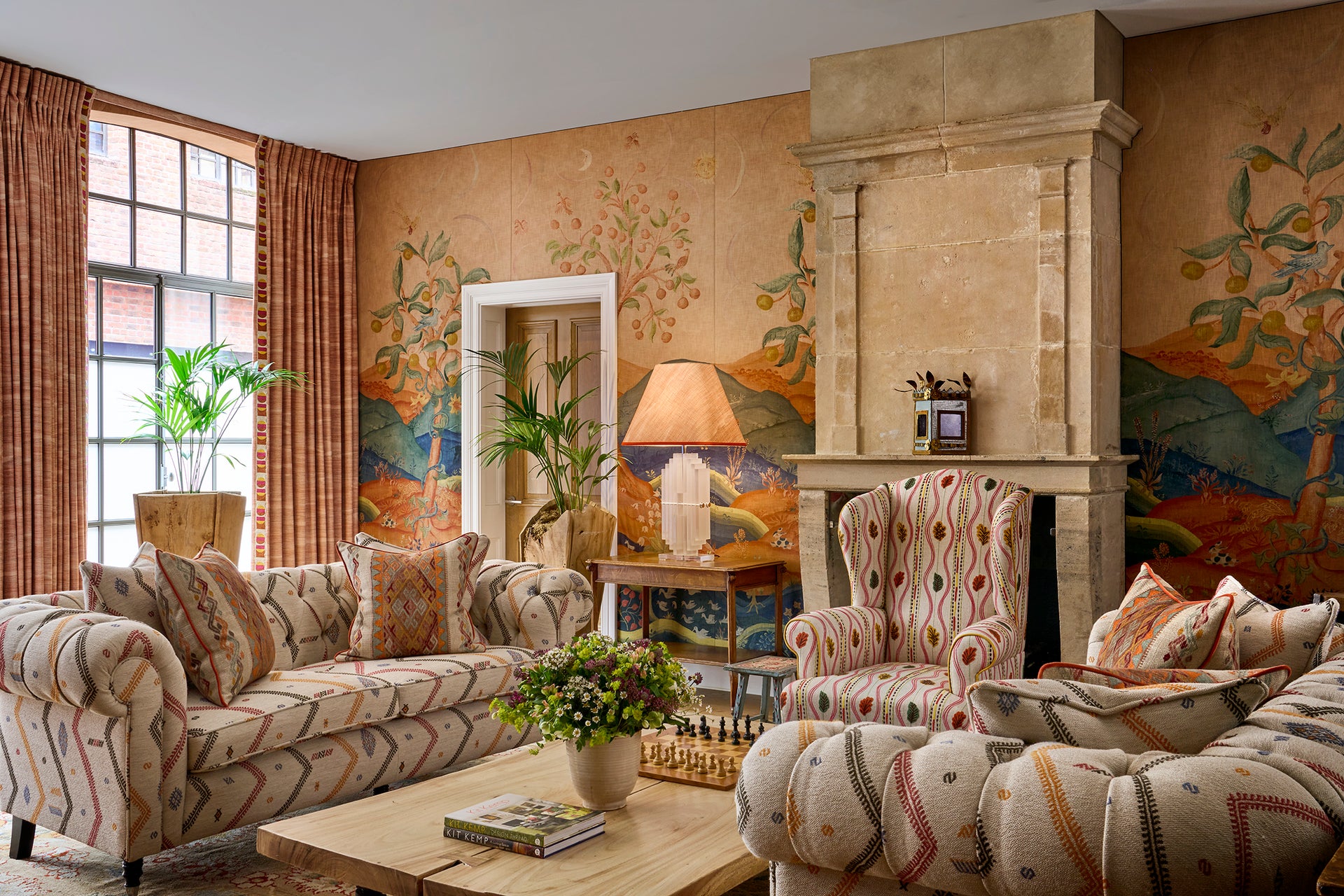 Kit Kemp's Harvest Moon collection showcased in the refurbished Drawing Room at the Soho Hotel in London. 