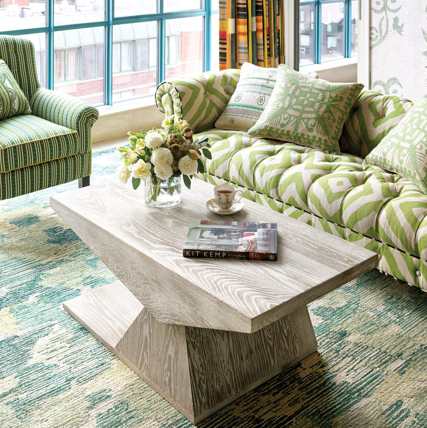 Spring Bush Green Cushion by Kit Kemp for Annie Selke, as designed and showcased in the Warren Street hotel.