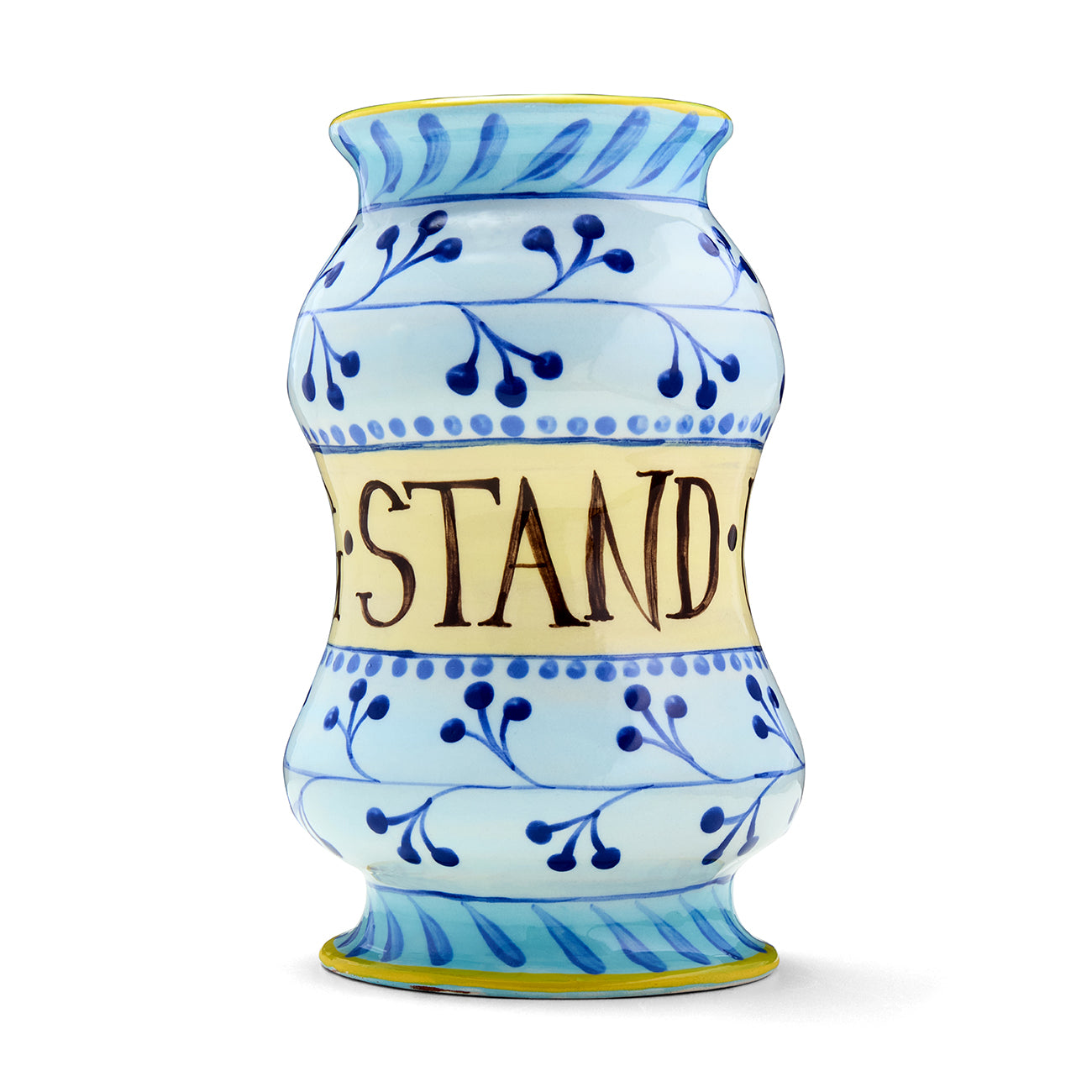 Decorative Albarello jar by Katrin Moye, titled Stand Upon One Leg, part of four artworks inspired by John Wesley and Michael Moseley. 