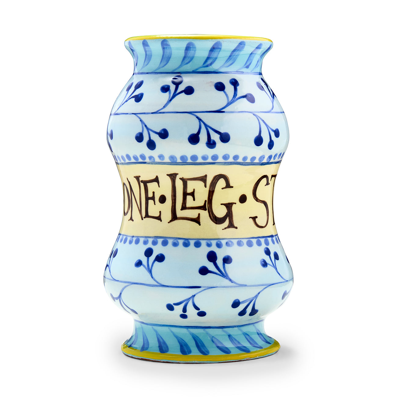 Albarello jar by Katrin Moye, part of a collection inspired by wellness and wellbeing positive messaging, with title such as Stand Upon One Leg