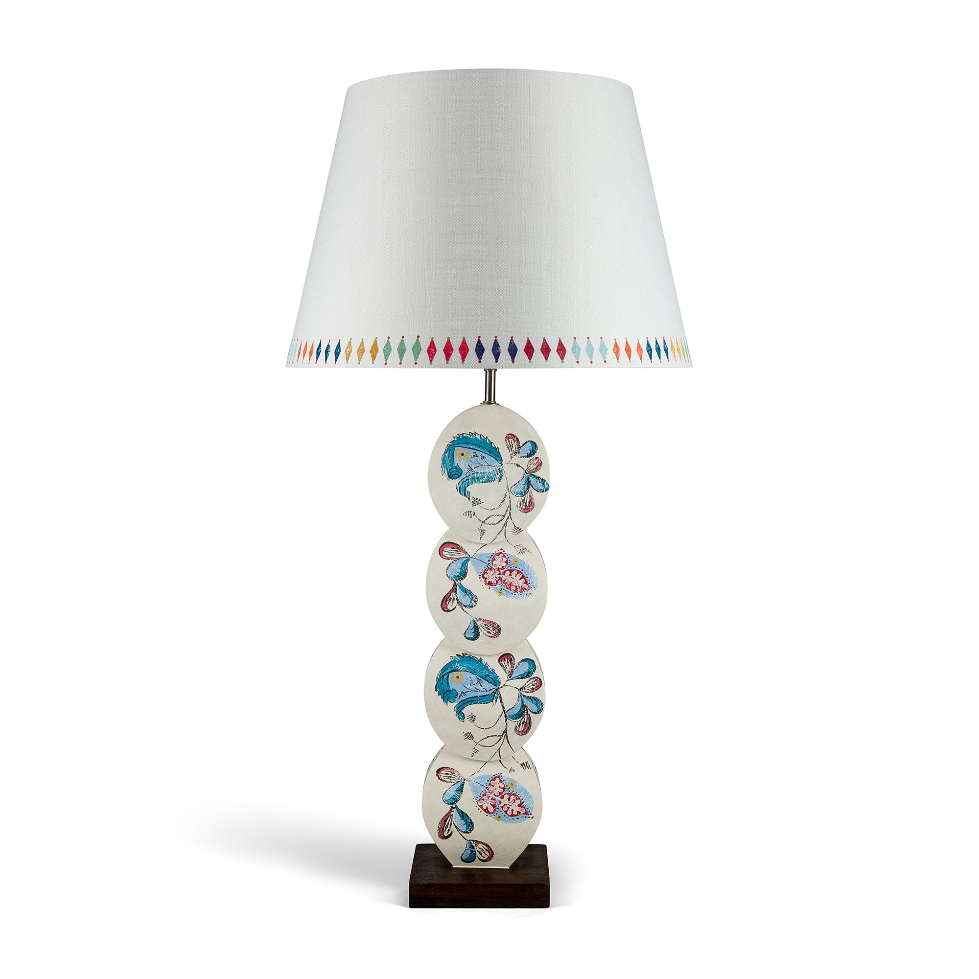 Linen lampshade with diamond pattern block printed design exclusively for Shop Kit Kemp, shown on Melissa White lamp base
