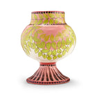 Pink and green leaf pattern fully surrounds the vase, with rushed brushstroke lines and dots as accents around the vessel. Artwork by Katrin Moye, sold at Shop Kit Kemp