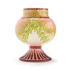 Pink and green pattern on vase with pedestal foot, shown without lid.