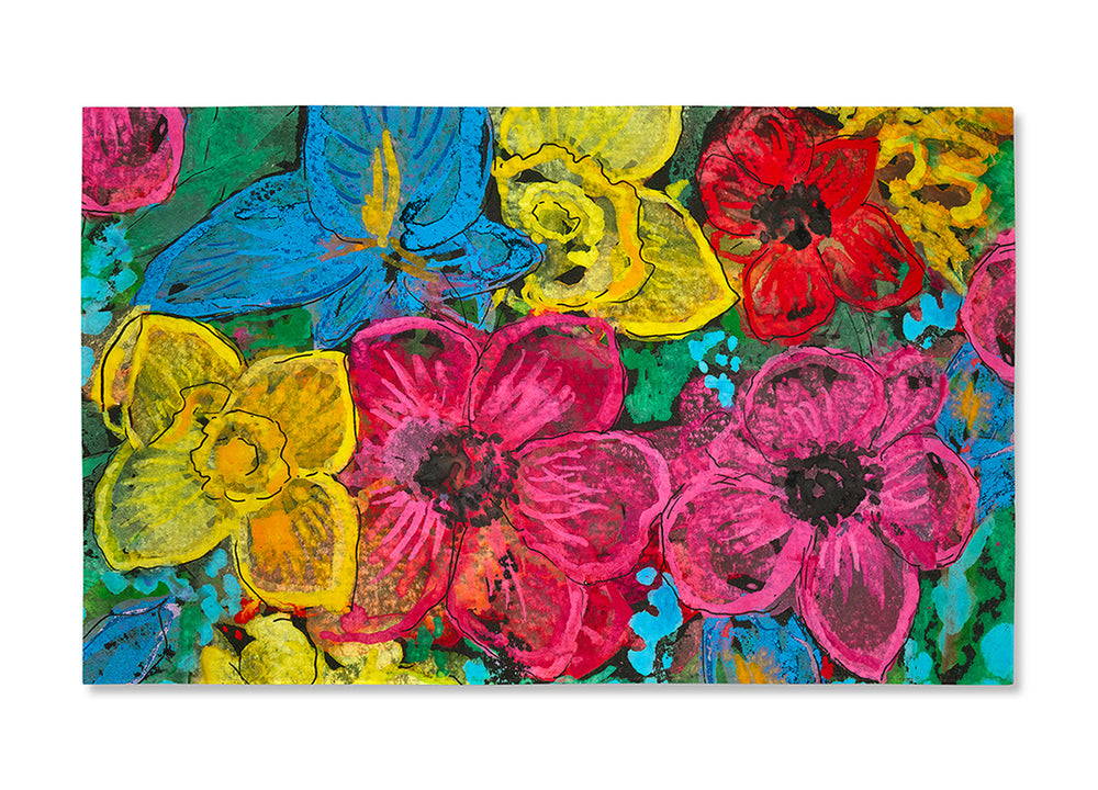 Overhead view of the Sunshine tablecloth showing a bold, hand-painted floral pattern in blue, yellow, and fuchsia pink. Generously sized at 2.4m x 1.4m.