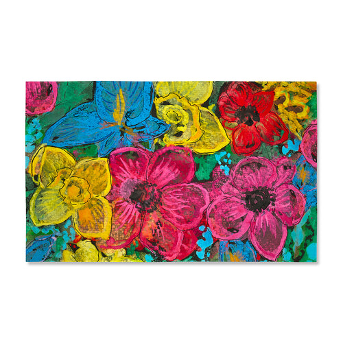 Overhead view of the Sunshine tablecloth showing a bold, hand-painted floral pattern in blue, yellow, and fuchsia pink. Generously sized at 2.4m x 1.4m.